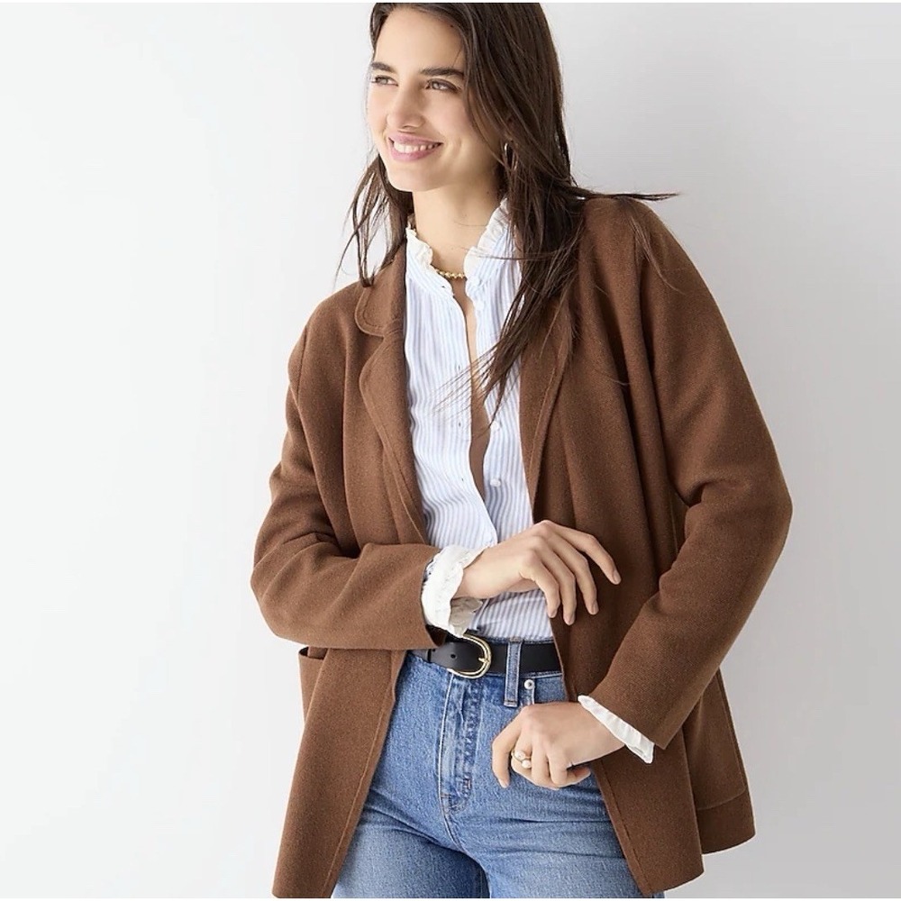 J Crew Sweater Blazer XS Choc Brown Merino Wool Cotton Open Front Sweater Blazer